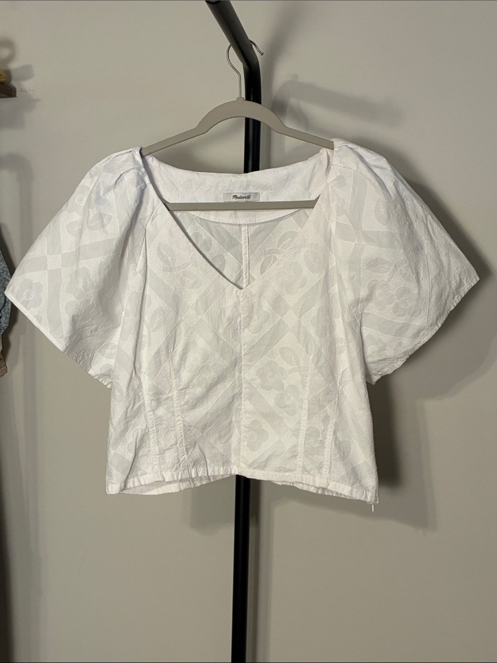 Madewell White V-Neck Puff Sleeve Blouse